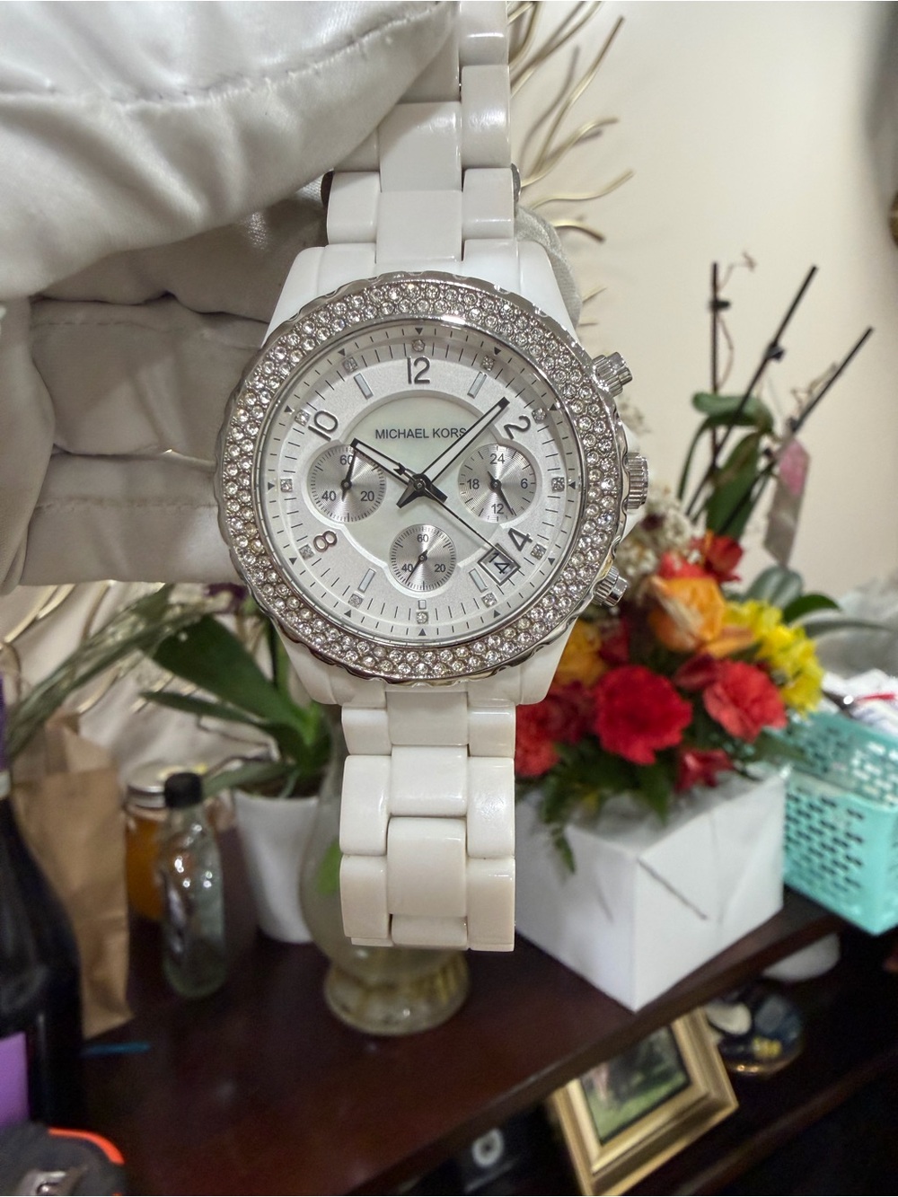 Michael Kors Madison MK5300 Womens White Mother of Pearl Dial Chronograph